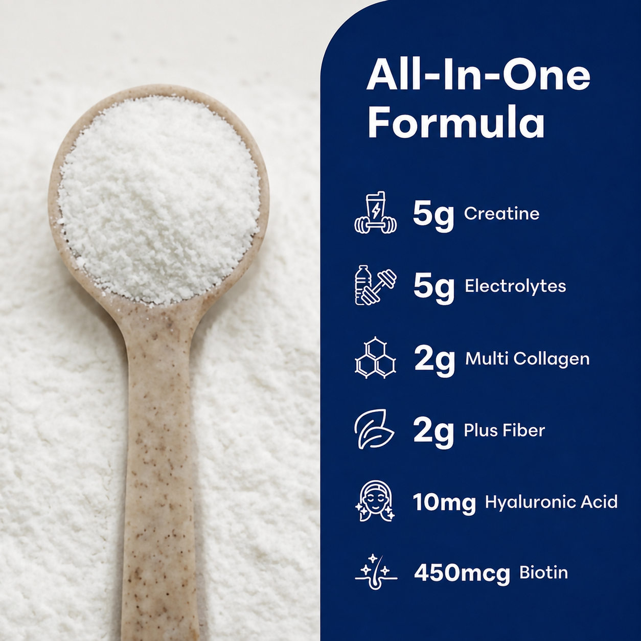 All-in-one formula: creatine, electrolytes, collagen, fiber, hyaluronic acid, biotin