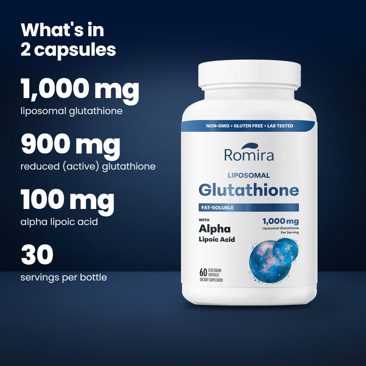What's in 2 capsules: 1,000 mg liposomal glutathione, 900 mg reduced, 100 mg ALA