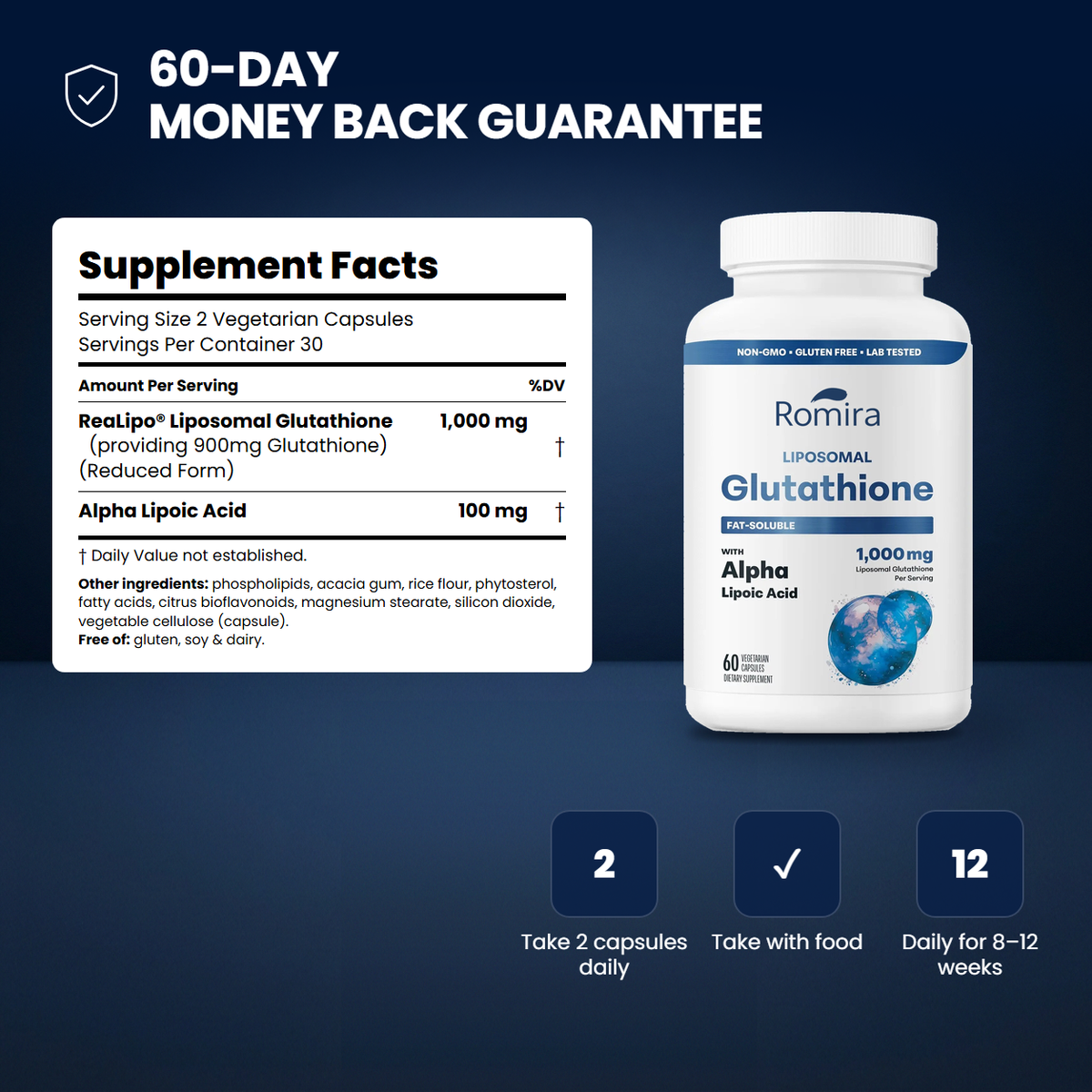 Supplement Facts and how to take Romira Liposomal Glutathione