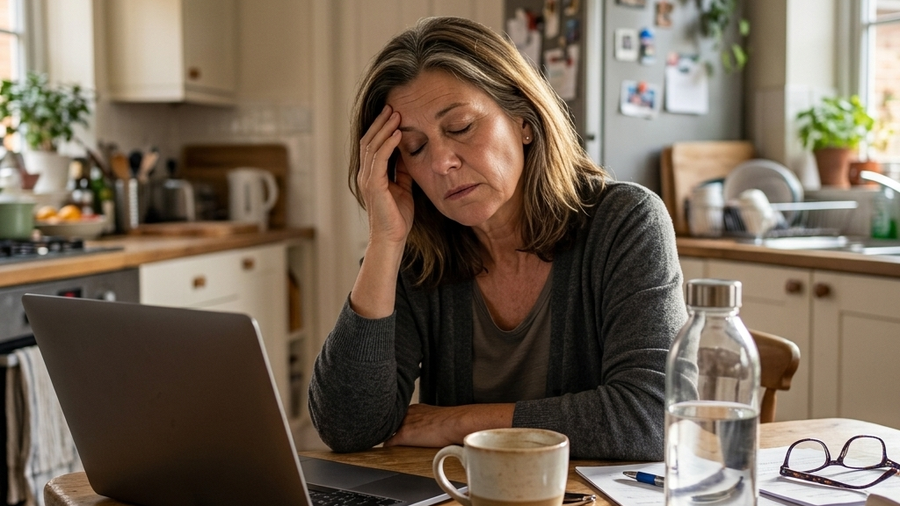 Woman feeling tired in the afternoon at her kitchen table
